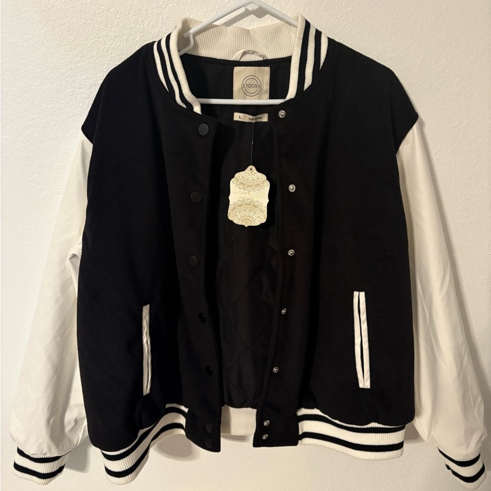 STOOSH Black & White Varsity Bomber Jacket/ Coat **NWT** Women LG Free Shipping